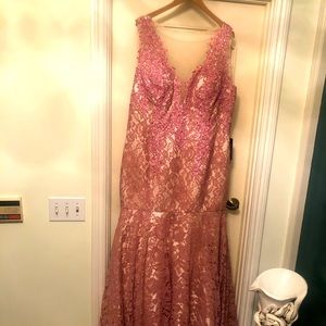 Pink lace mermaid style gown. Rhinestone embellishments on bust
